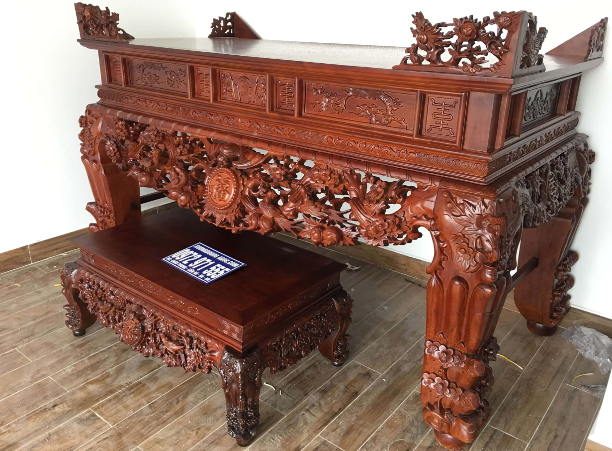 Sập thờ chạm hoa sen gỗ gụ chân 22